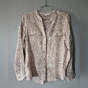 Calvin Klein 100% Linen Button Up Tan Cheetah Print Long  Sleeve Size M
